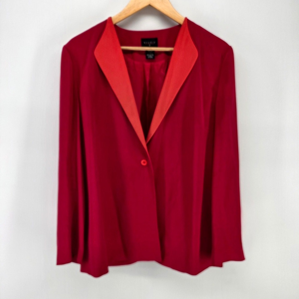 Studio G Blazer Women 14 Red Silk Shawl Lapel Single Button Professional Jacket